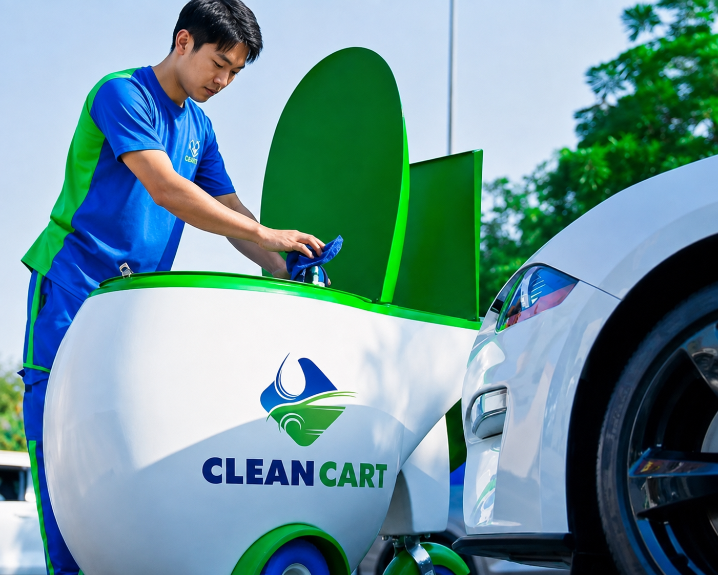 CleanCart operator using a mobile waterless car-wash trolley